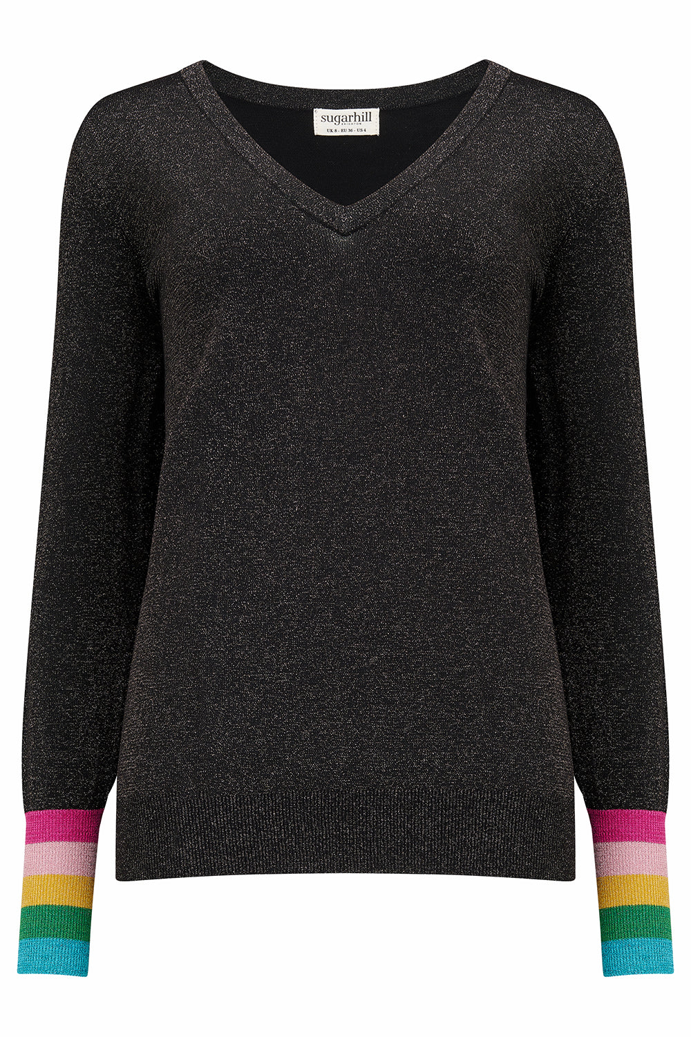 Marcella V-Neck Jumper - Black, Sparkle Cuffs