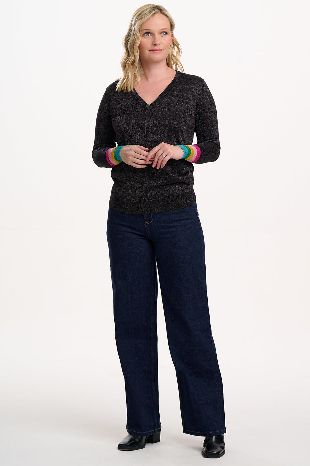Marcella V-Neck Jumper - Black, Sparkle Cuffs