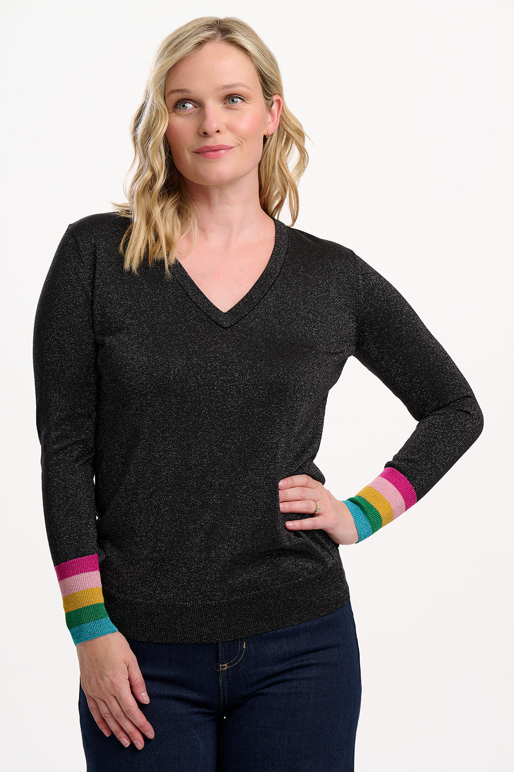 Marcella V-Neck Jumper - Black, Sparkle Cuffs