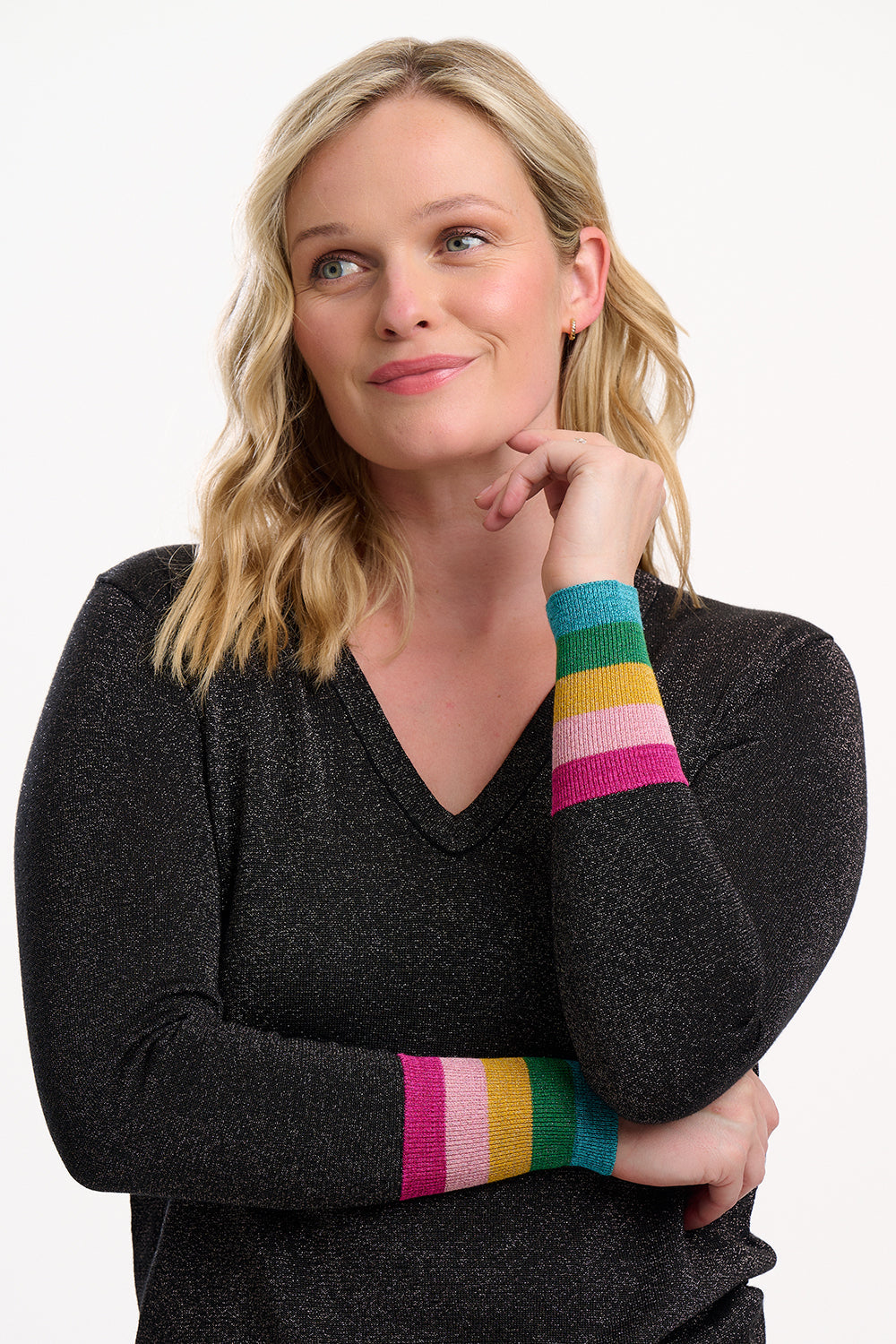 Marcella V-Neck Jumper - Black, Sparkle Cuffs