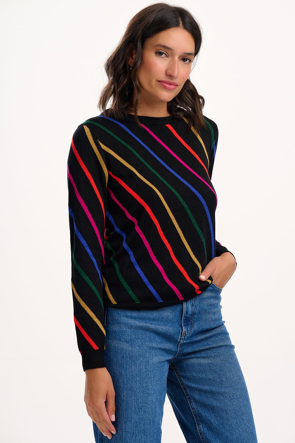 Rowena Jumper - Black, Rainbow Sliding Stripes