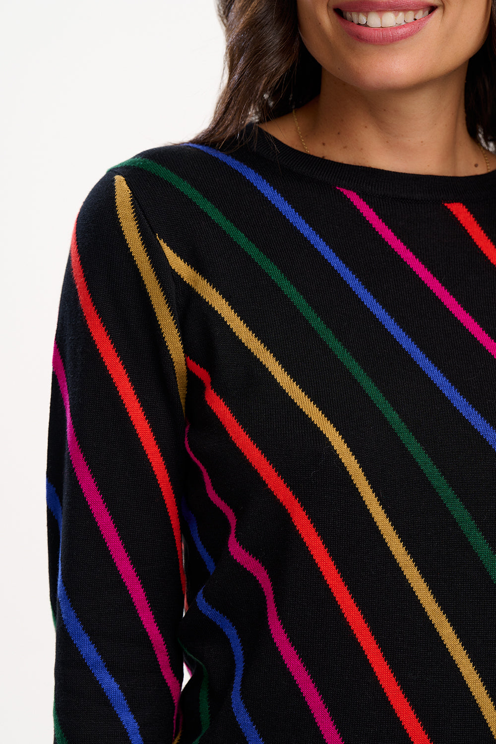 Rowena Jumper - Black, Rainbow Sliding Stripes