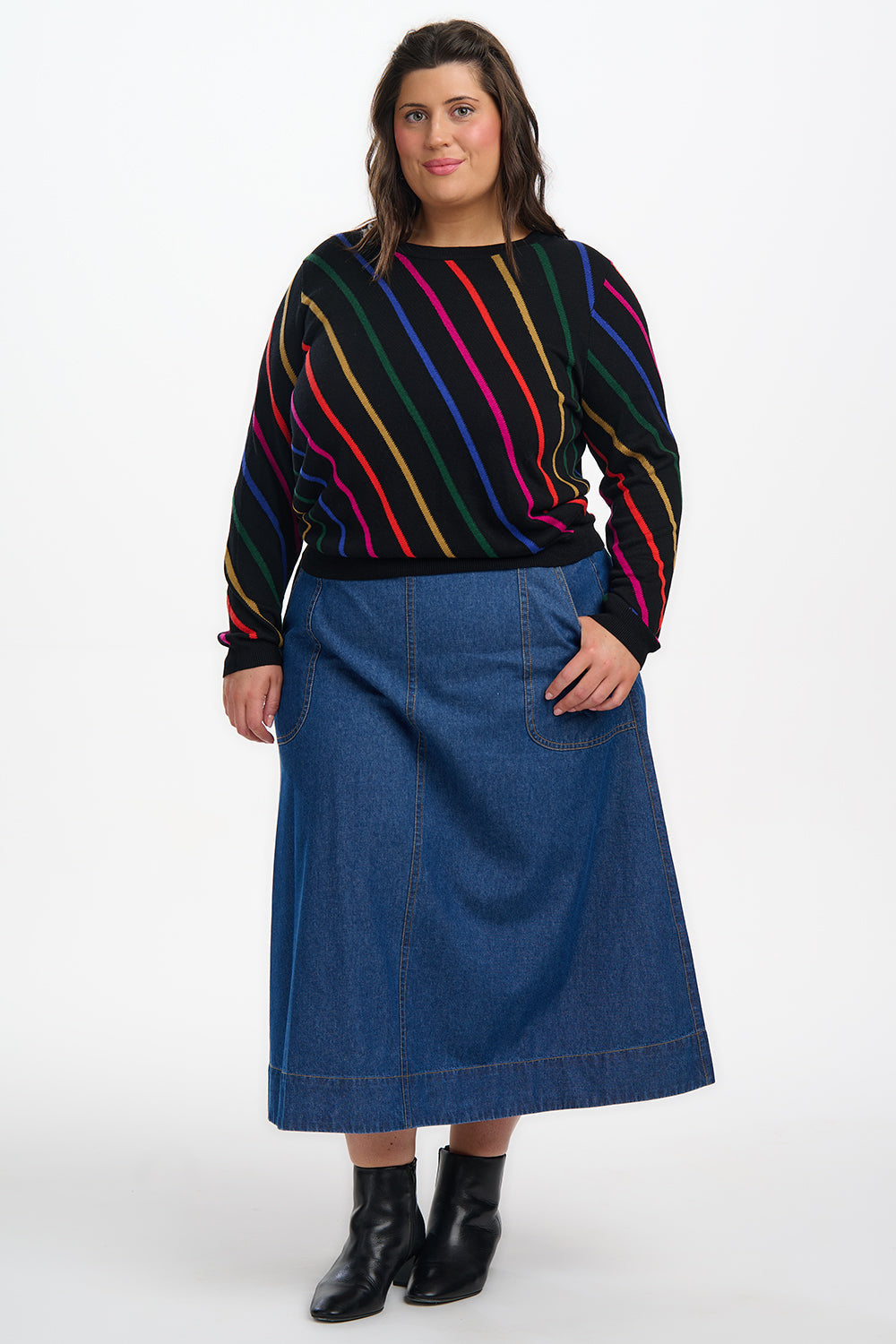 Rowena Jumper - Black, Rainbow Sliding Stripes