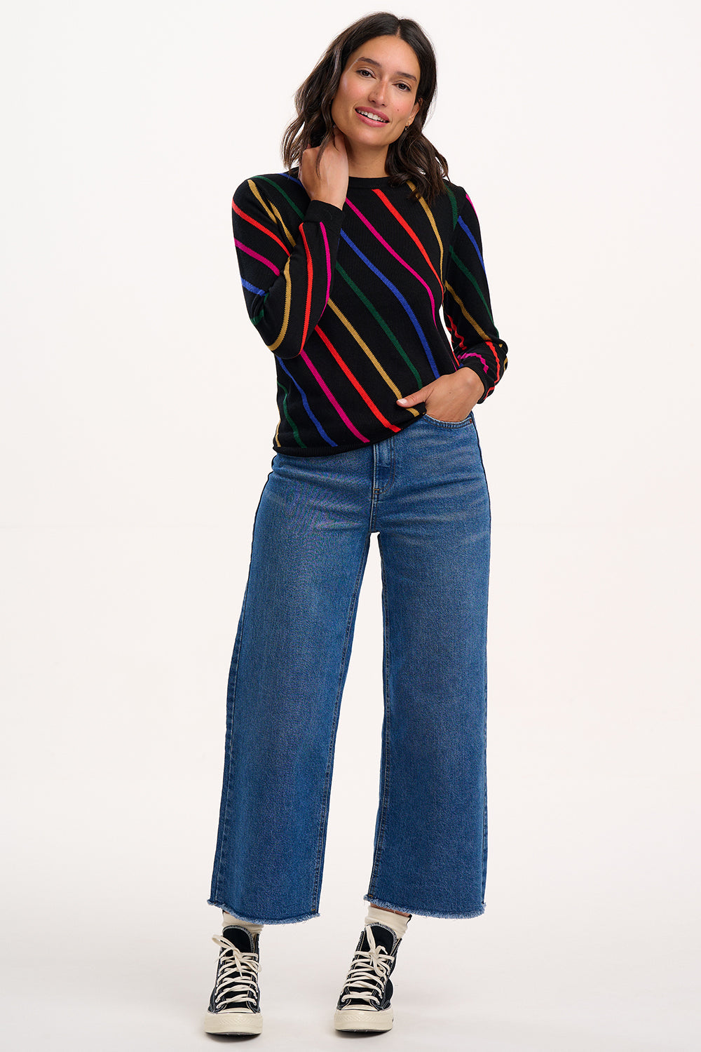 Rowena Jumper - Black, Rainbow Sliding Stripes
