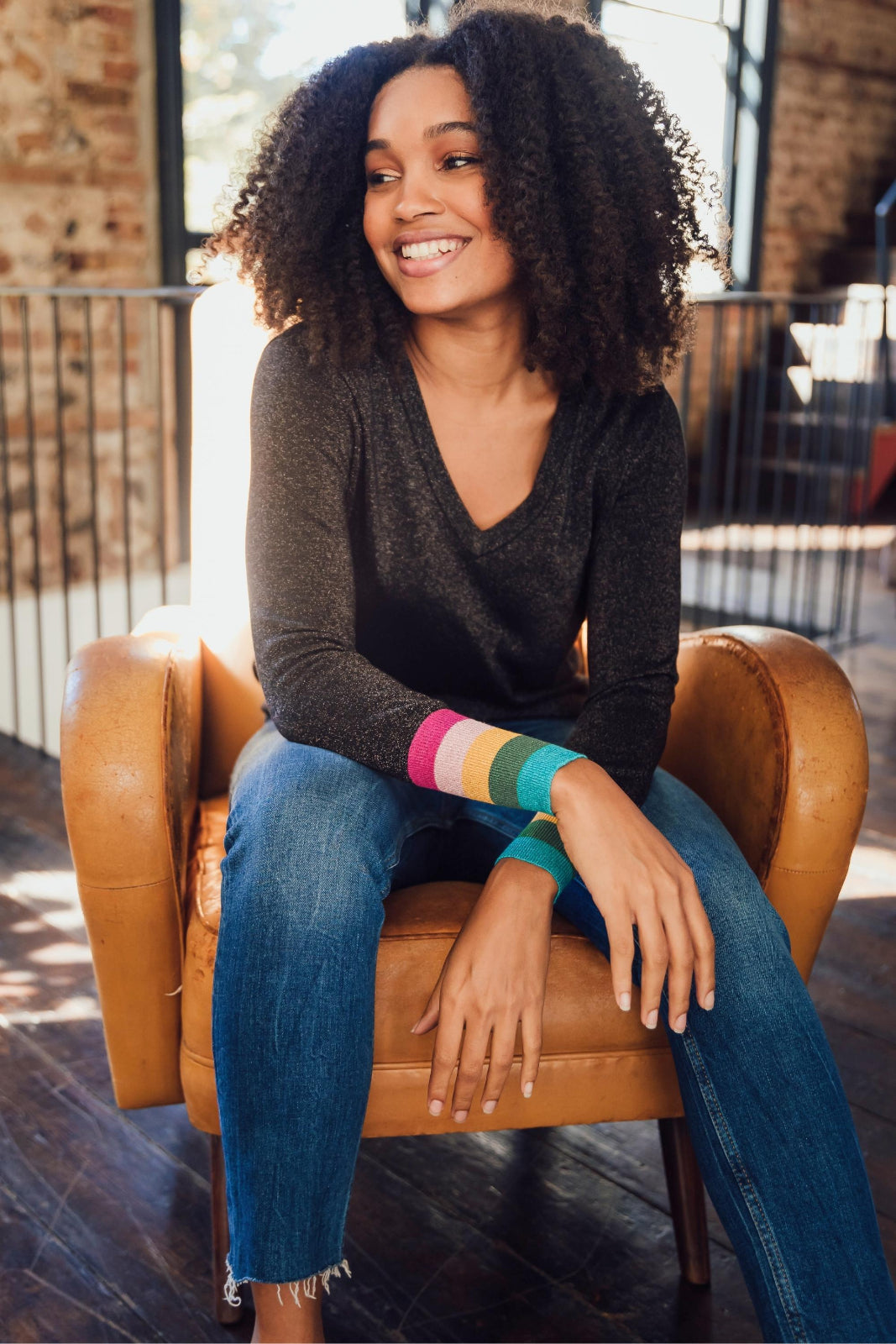 Marcella V-Neck Jumper - Black, Sparkle Cuffs