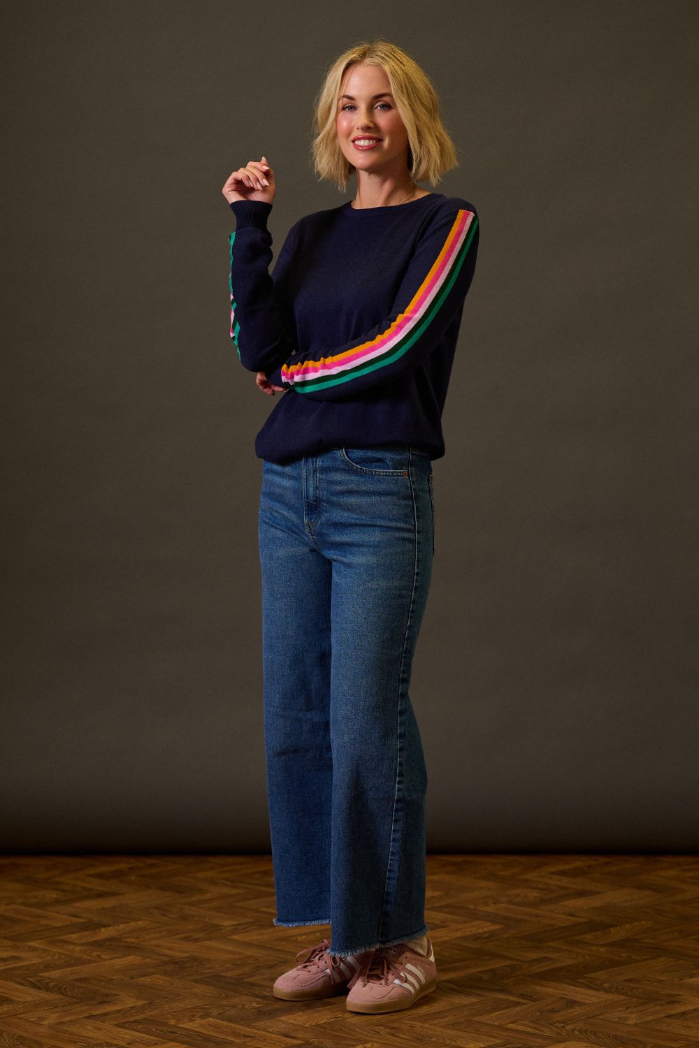 Rita Jumper - Navy, Rainbow Sports Stripe