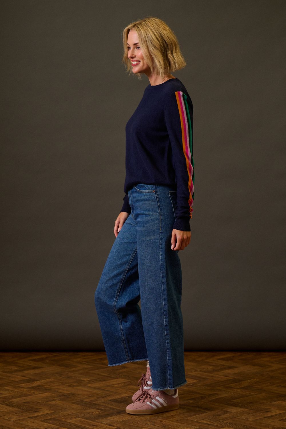 Rita Jumper - Navy, Rainbow Sports Stripe