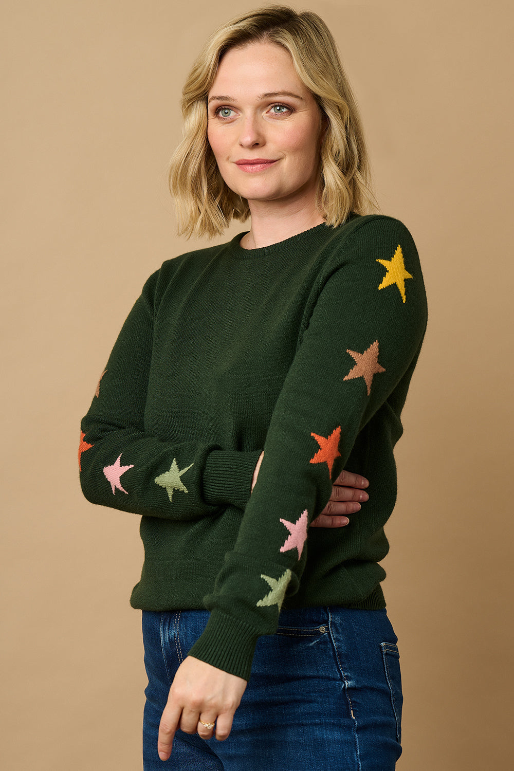 Stacey Jumper - Green, Autumnal Star Sleeves